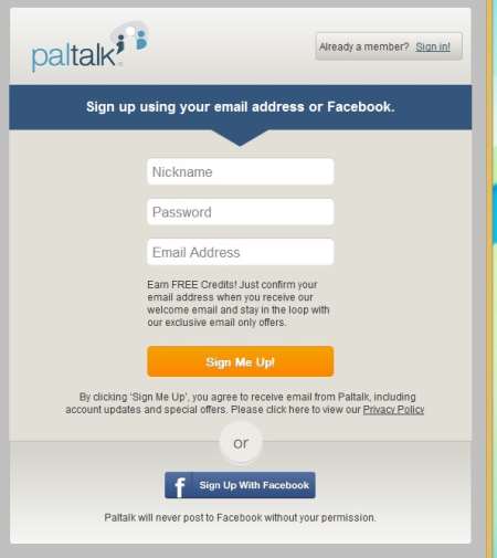 Paltalk create account page